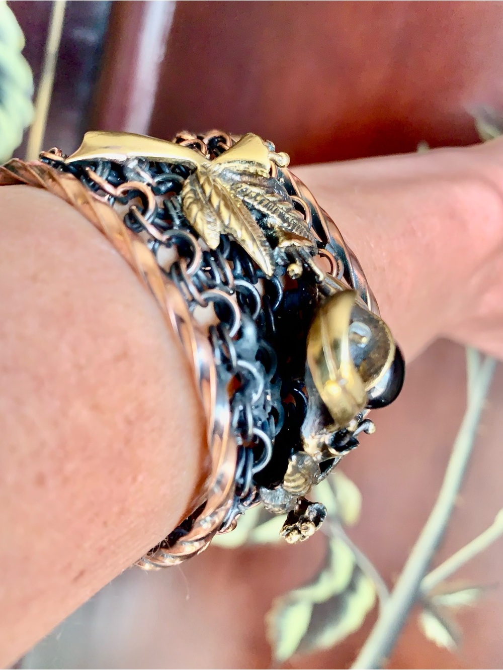 Gold and Black Multi-Chain Leaf Bracelet
